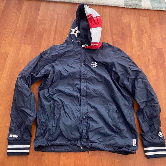 A BATHING APE BAPE Blue USA Flag Hood Camo Sleeve Bomber Jacket Men’s Large. - Picture 1 of 11
